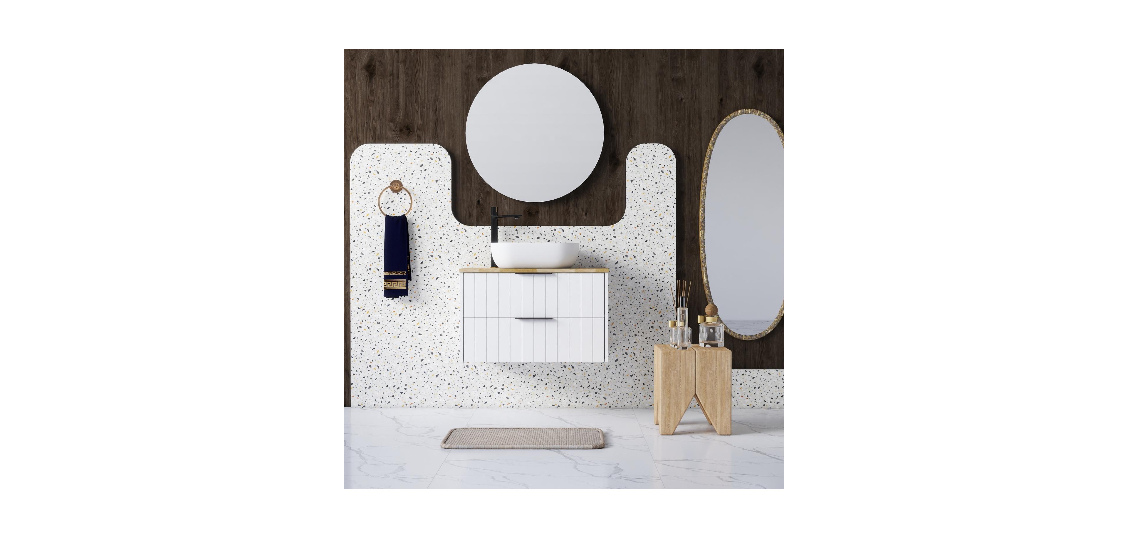 Streamdale 32'' Double Drawer White Vanity, Natural Wood Top, Ceramic Sink and Round Mirror