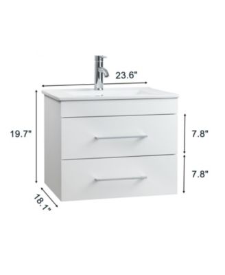24" White Gloss Wall-Mount Vanity, Double Drawer, Ceramic Sink