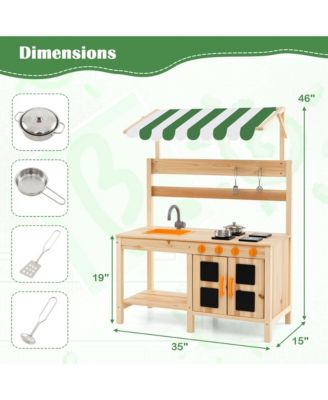 Kids Mud Kitchen Outdoor Wooden Pretend Play Kitchen w/ 4 Stoves, Canopy Faucet