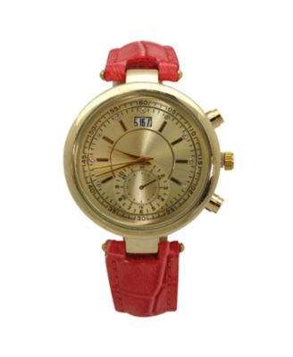 Pink Multicolored Gold Face Leather Strap Watch
