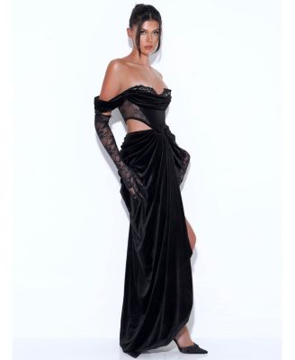 Women's Quintessa Black Lace Velvet Corset Off Shoulder Gown