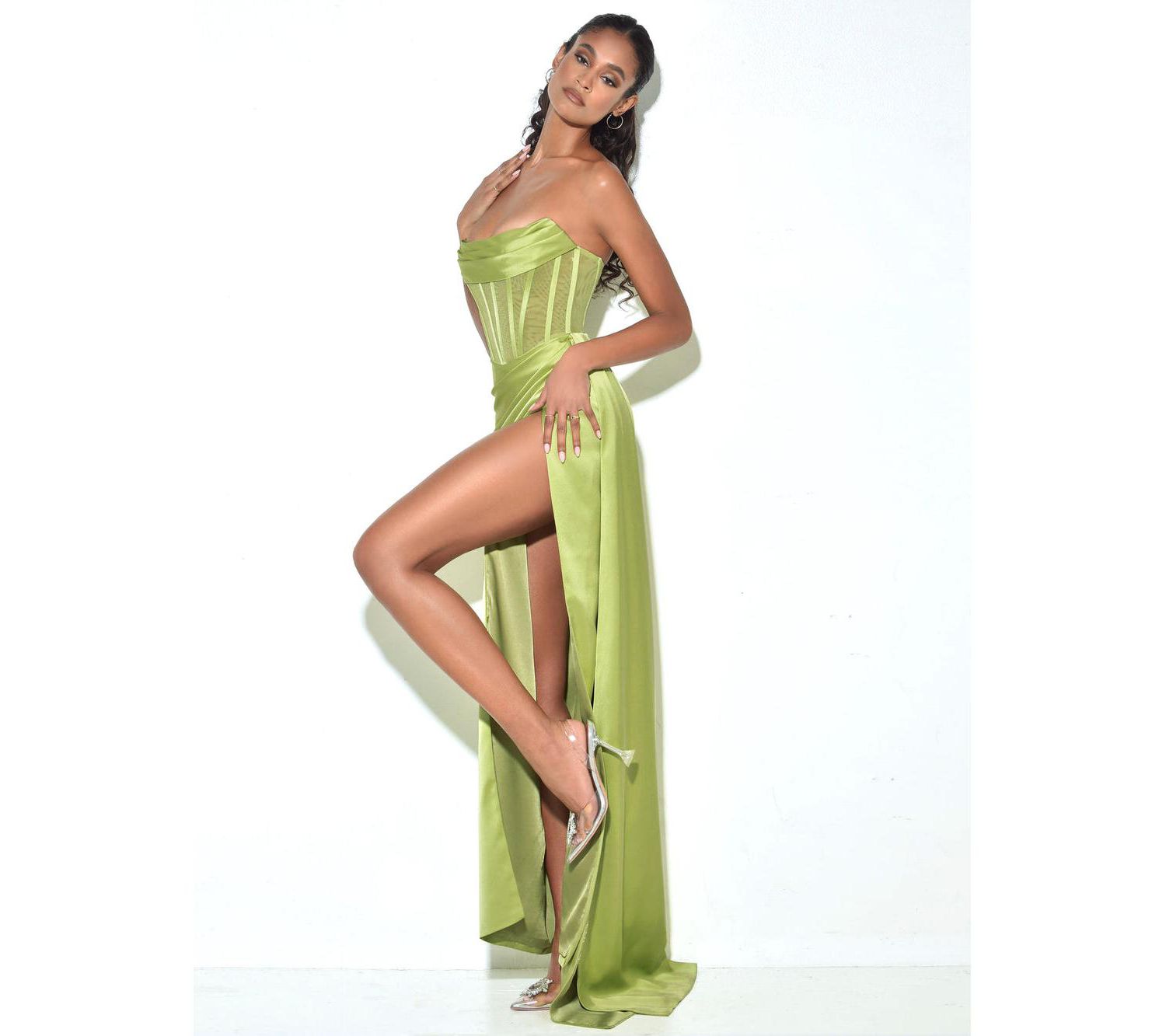 Women's Prisa Lime High Slit Satin Corset Gown