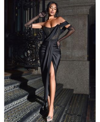 Women's Stella Black Off Shoulder Crystal Corset Satin Gown