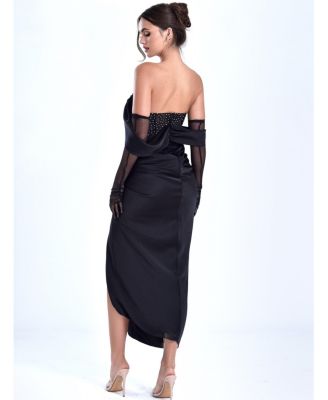 Women's Stella Black Off Shoulder Crystal Corset Satin Gown