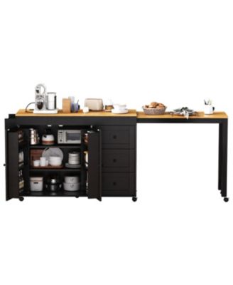 Kitchen Island w/ Extendable Table, 3 Drawers, Outlet, Wheels, Spice Rack - Black