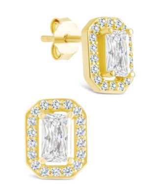 Sterling Forever - Sterling Silver Emerald Cut Brilliant Halo Studs