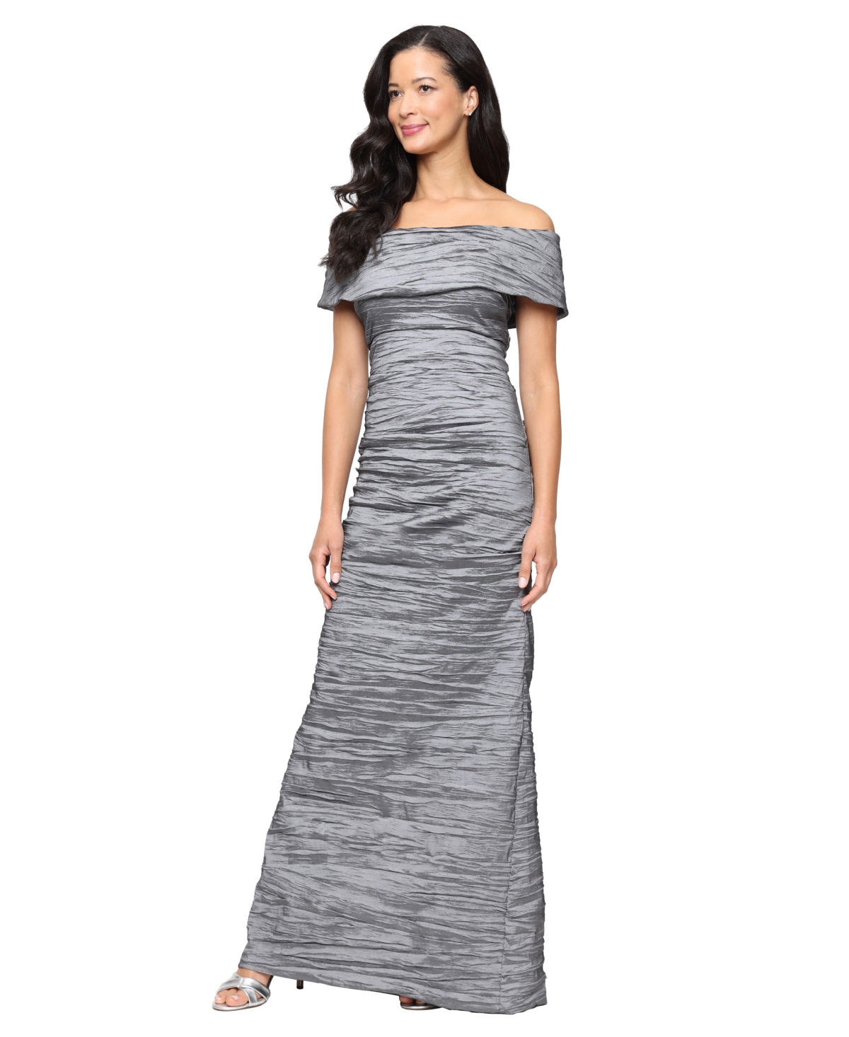 Alex Evenings Women's Crinkle Detail Off-the-shoulder Gown In Gray
