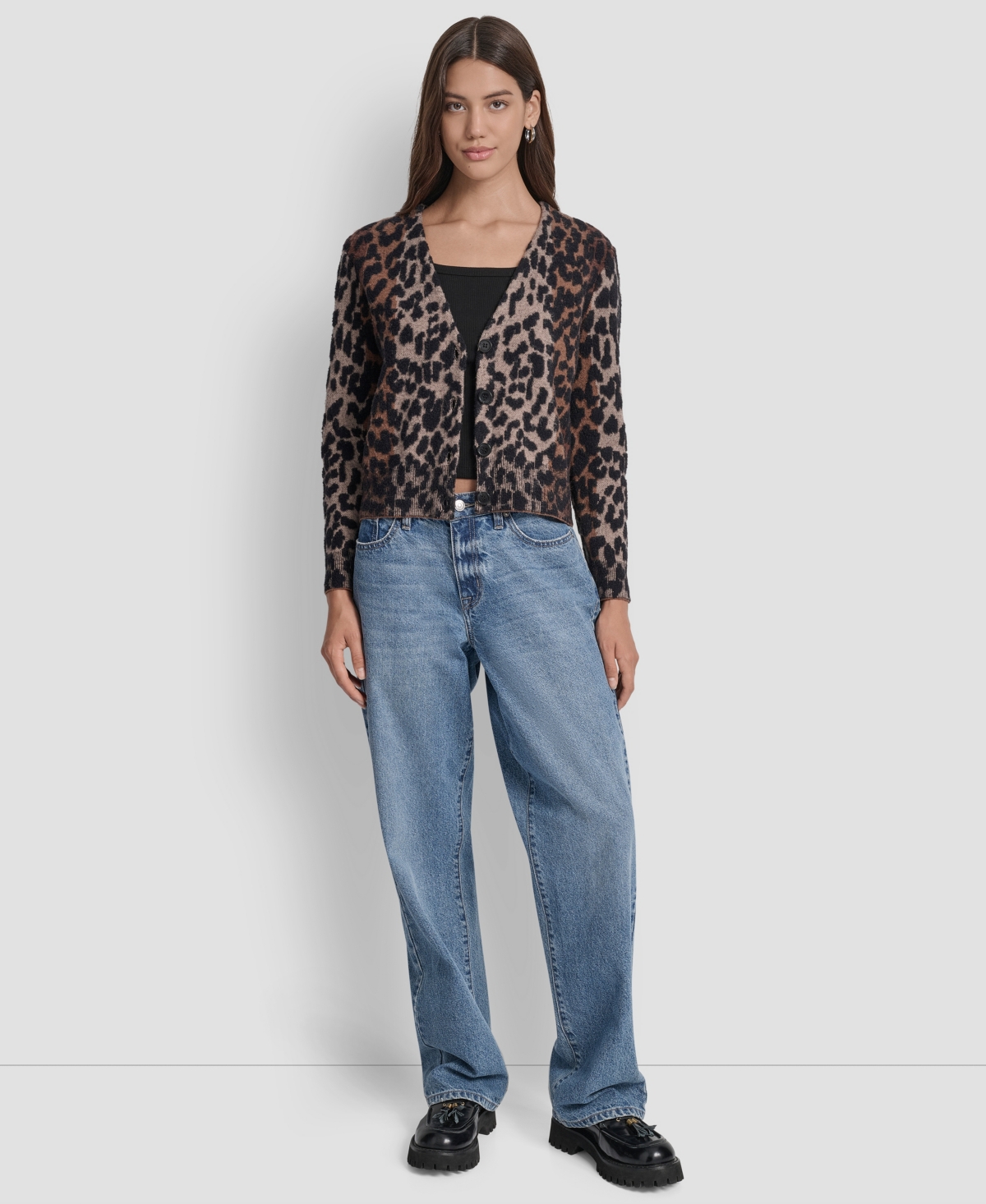 Dkny Jeans Women's Long Sleeves Leopard Print Cardigan Sweater