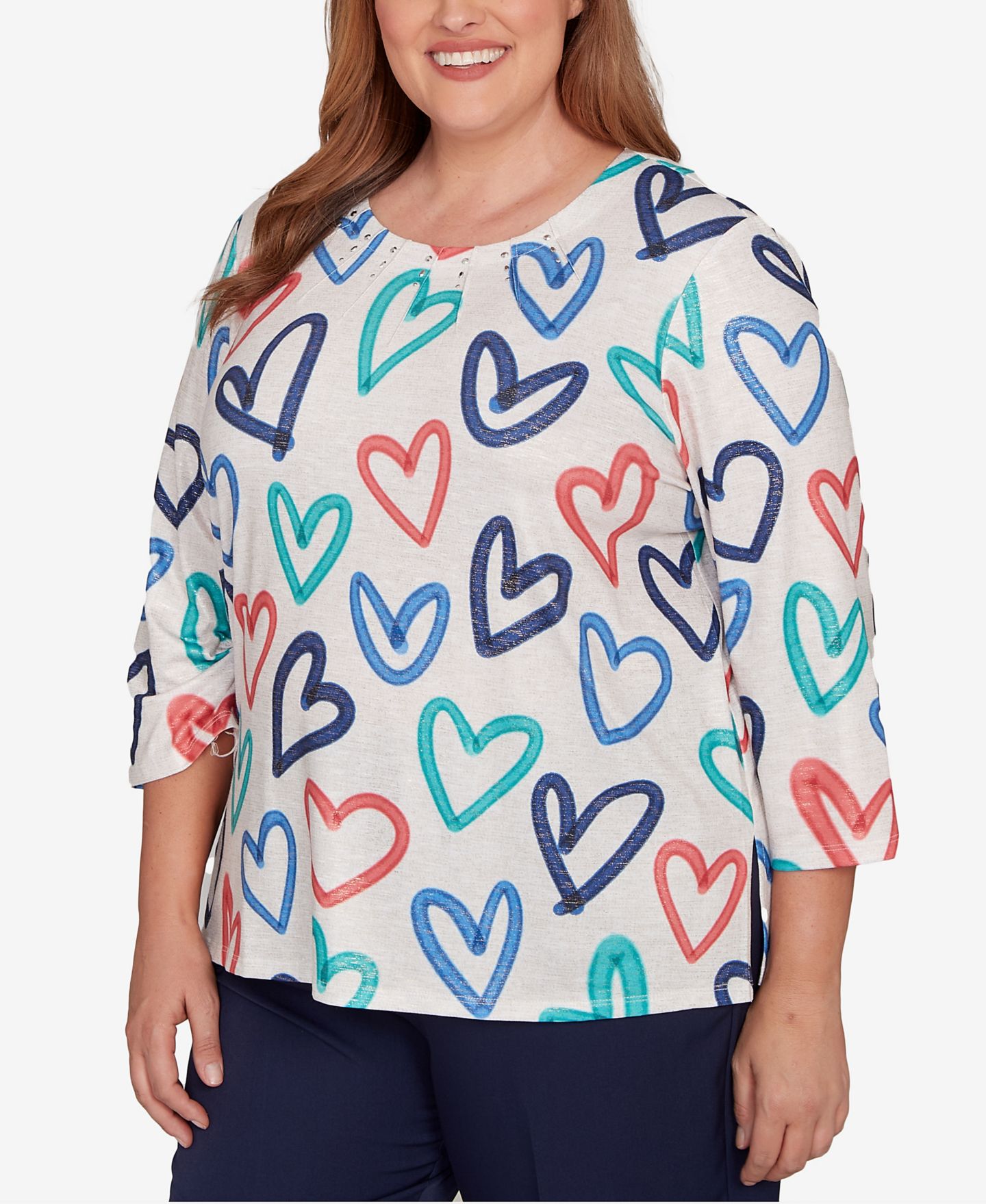 Женский топ Alfred Dunner Plus Size Saratoga Springs Tossed Heart Pattern Knit, цвет: Овсяный разноцветный — фото 3