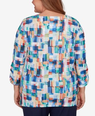 Plus Size Saratoga Springs Tile Print Colorblock Textured Top