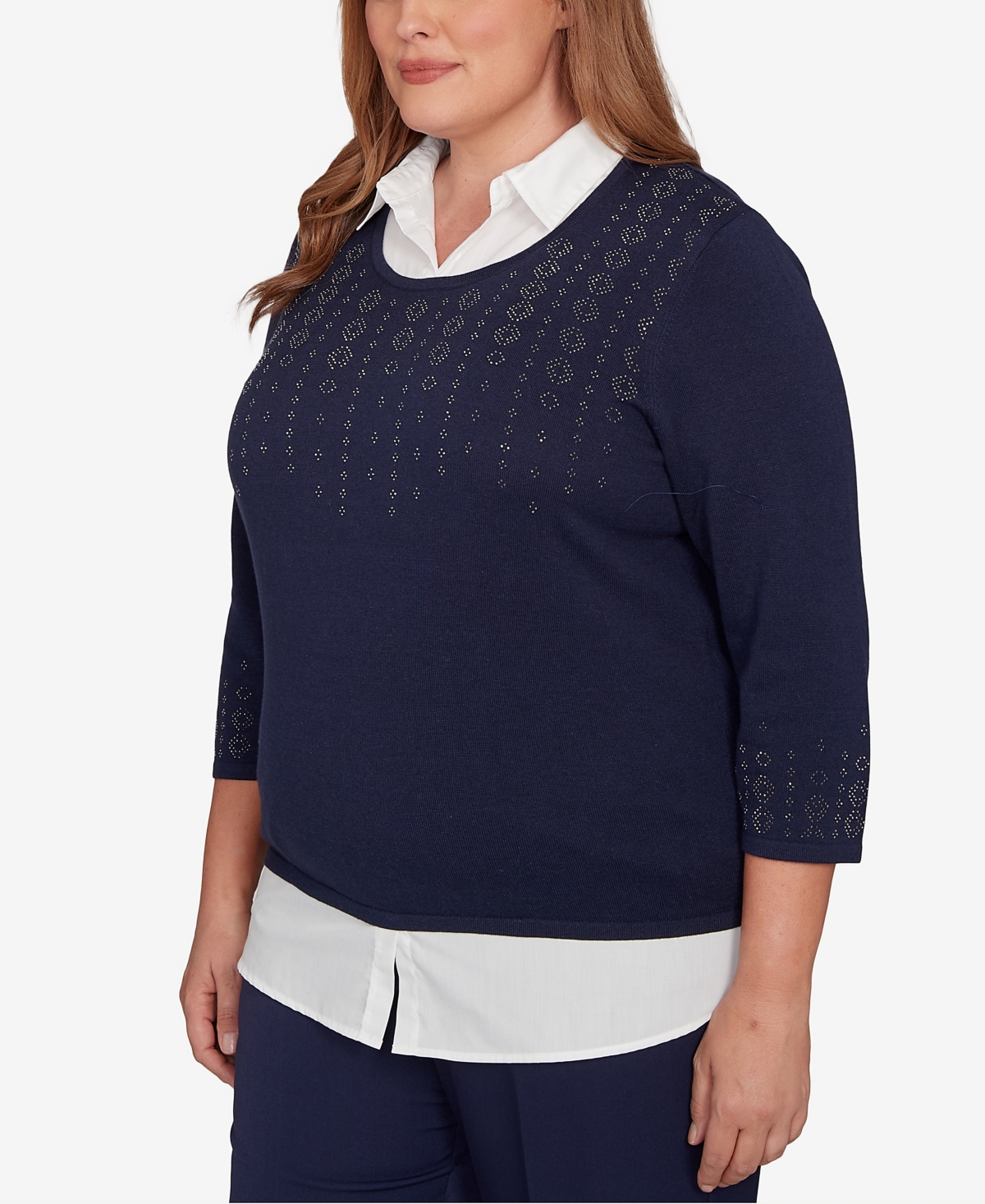 Alfred Dunner Plus Size Saratoga Springs Metallic Studded Textured Two In One Sweater In Blue