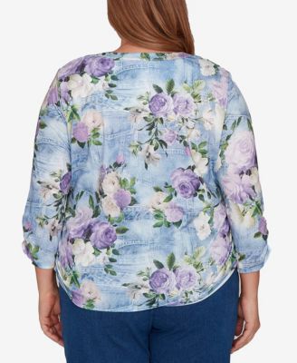 Plus Size Hilton Head Denim Floral Applique Henley Top