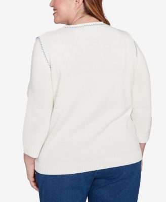 Plus Size Hilton Head Quilted Denim Applique Flower Sweater