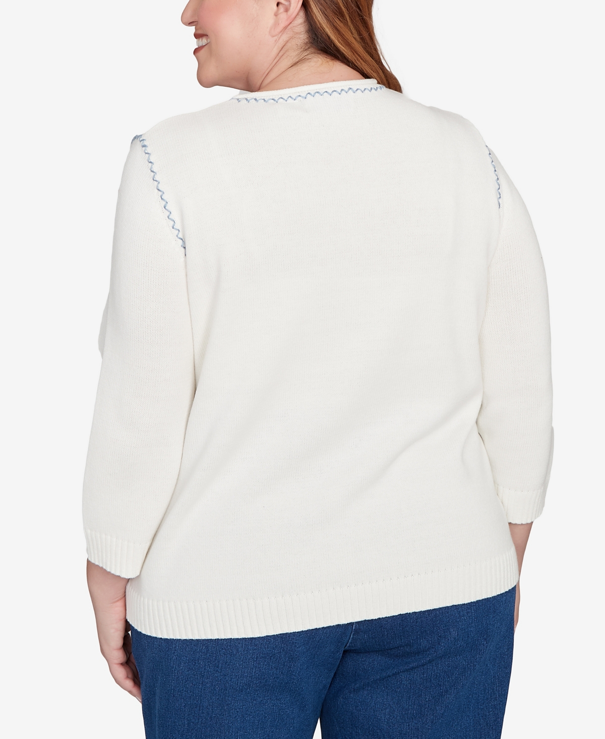 Alfred Dunner Plus Size Hilton Head Quilted Denim Applique Flower Sweater In White