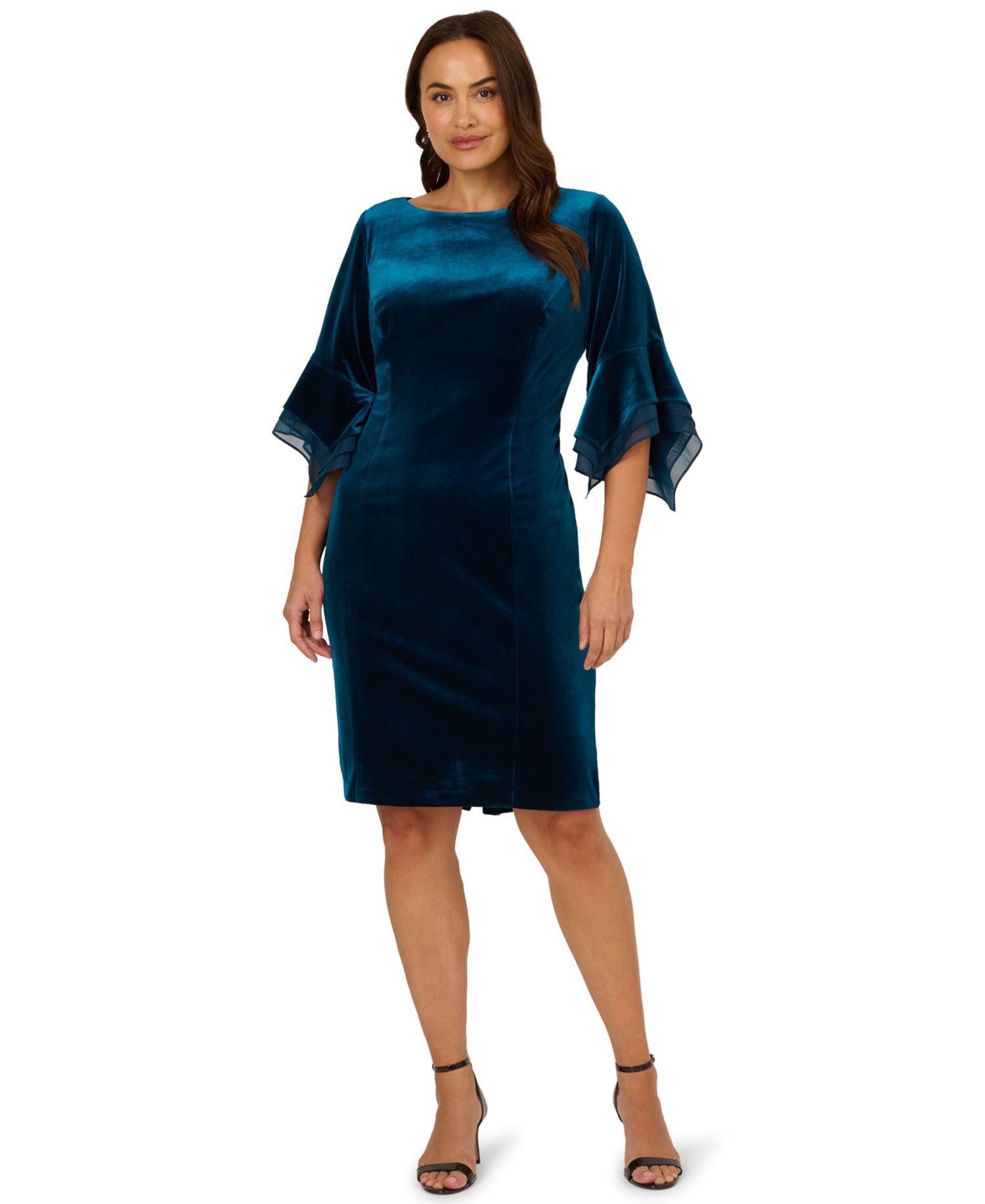 Plus Velvet Bell-Sleeve Mesh-Trim Dress