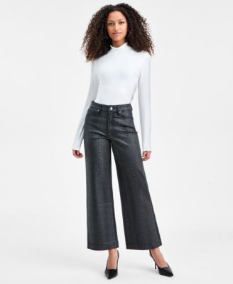 Bar III - Women's Snakeskin-Print High Rise Wide Leg Jeans