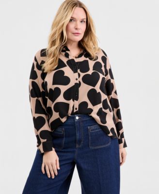 Trendy Plus Size Giant Heart Print Button-Front Crepe Shirt, Macy's Exclusive