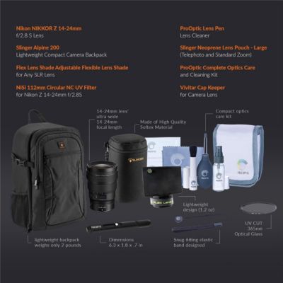 Nikkor Z 14-24mm f/2.8 S Lens Lightweight Compact 200 Camera Backpack Adjustable Flexible Lens Shade For Any SLR Lens NC UV Filter