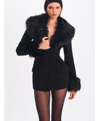 Women Hailee Black Single Breasted Wool Blend Mini Coat with Removable Fur Lapel