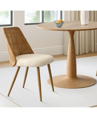 3-Piece 34.5" Round Dining Set with Wood-Look Pedestal Table and 2 Faux Rattan Back Chairs with Upholstered Seat and Tapered Legs-Maison Boucle