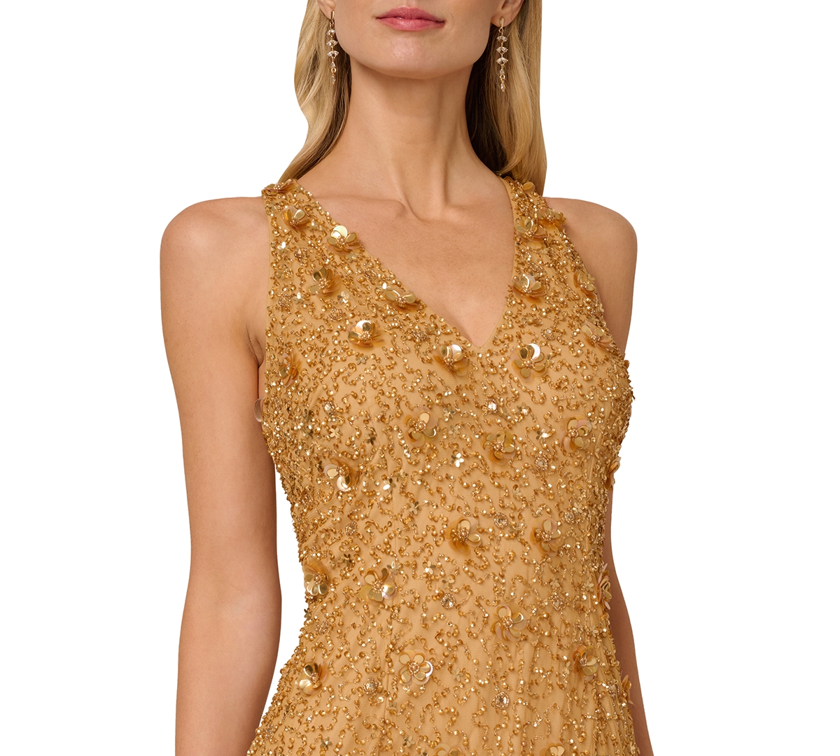 Adrianna Papell Beaded Sleeveless Column Gown In Gold