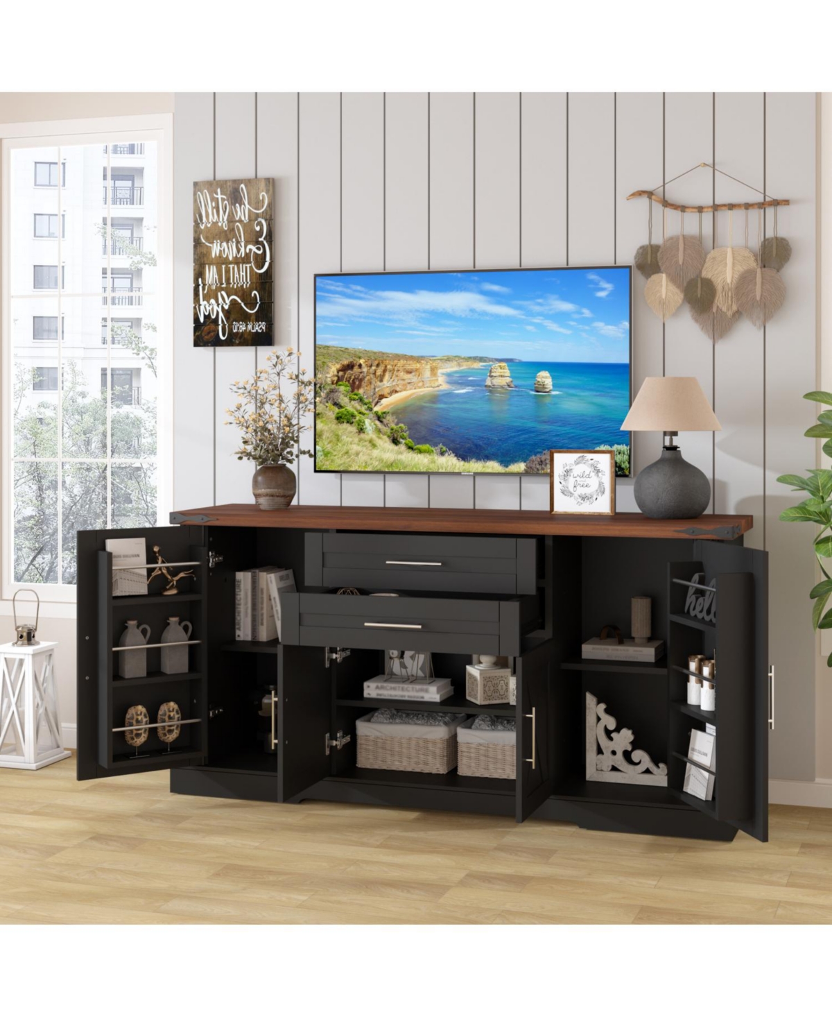 Streamdale Furniture 63" Farmhouse Barn Door Cabinet - Buffet Table/Coffee Bar, Black