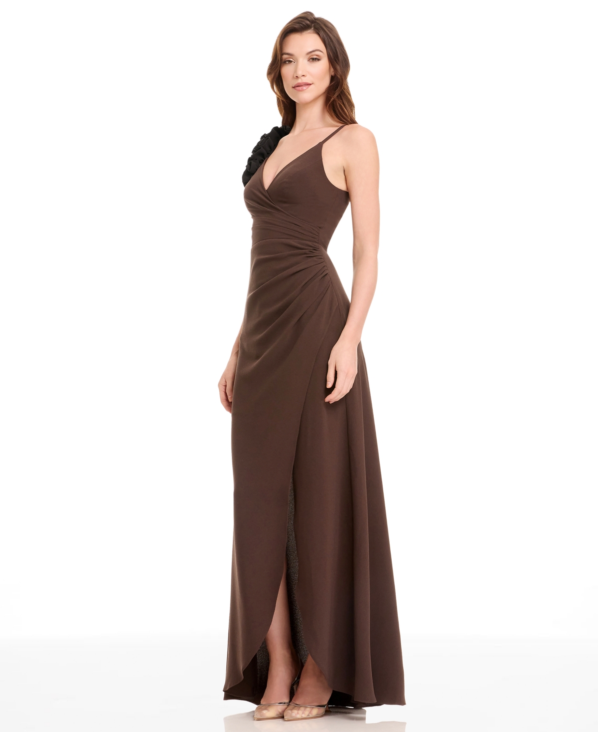 Dress The Population Camelia Ruffle Detail Gown In Brown