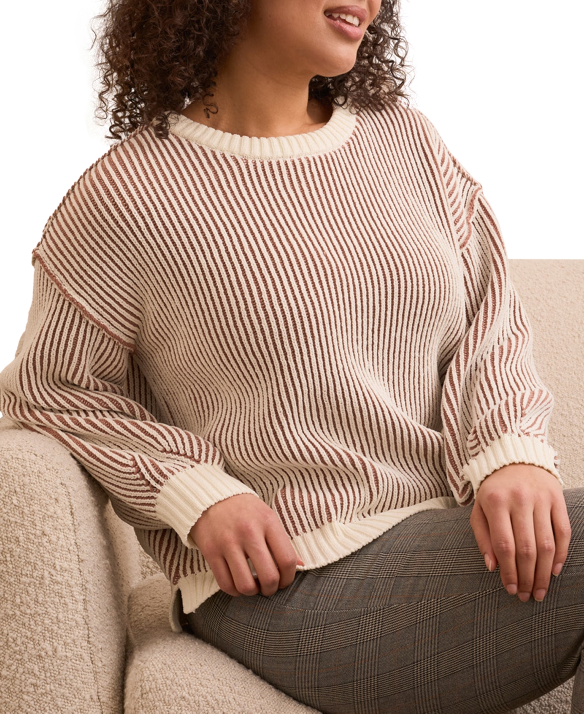 Tribal Women's Plaited Chenille Crew Neck Ribbed Sweater In Brown