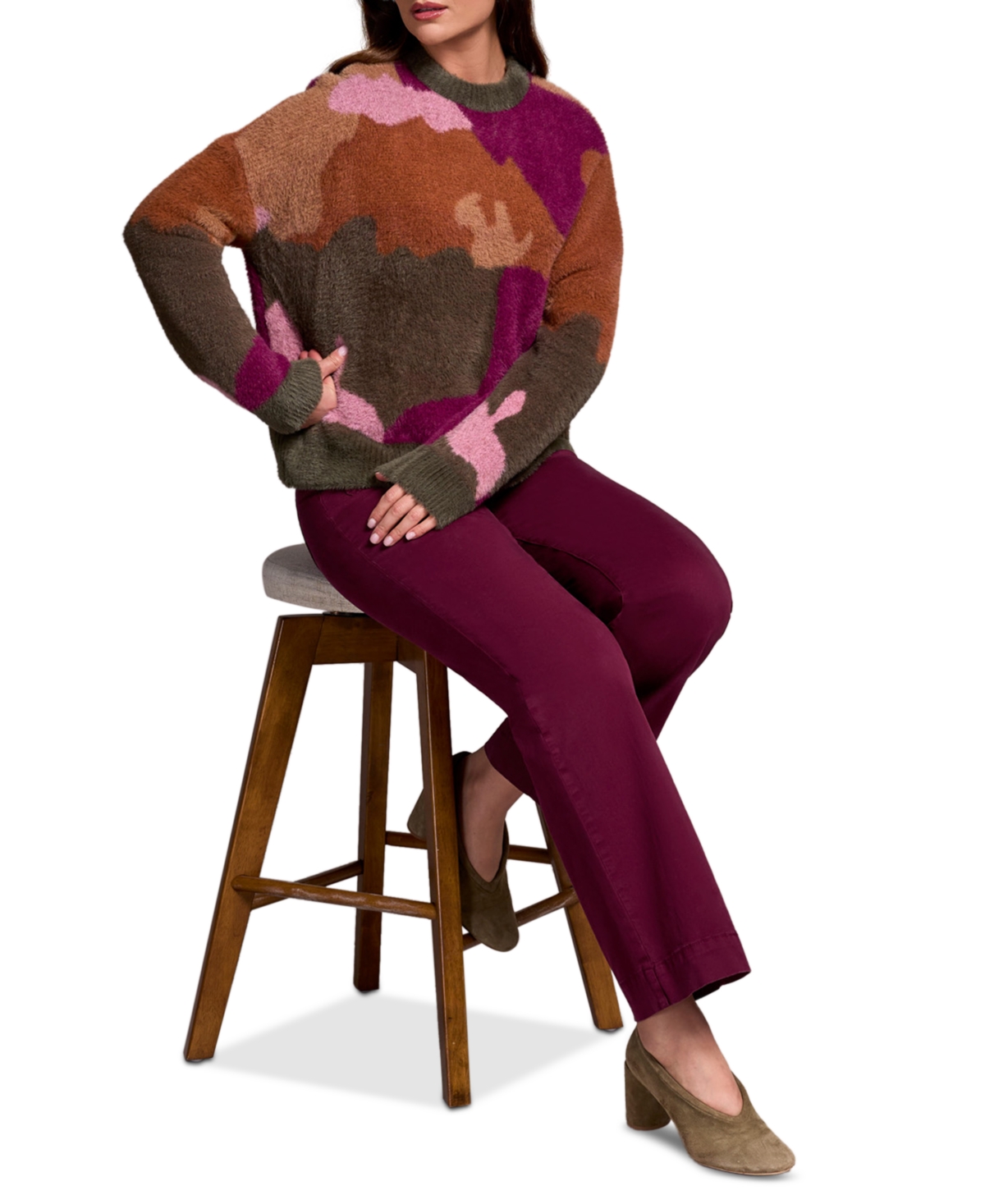 Tribal Women's Fuzzy Intarsia Crew Neck Sweater In Multi
