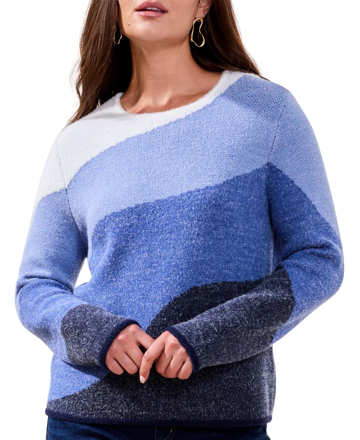 Tribal Women's Fuzzy Double Knit Crew Neck Sweater In Blue