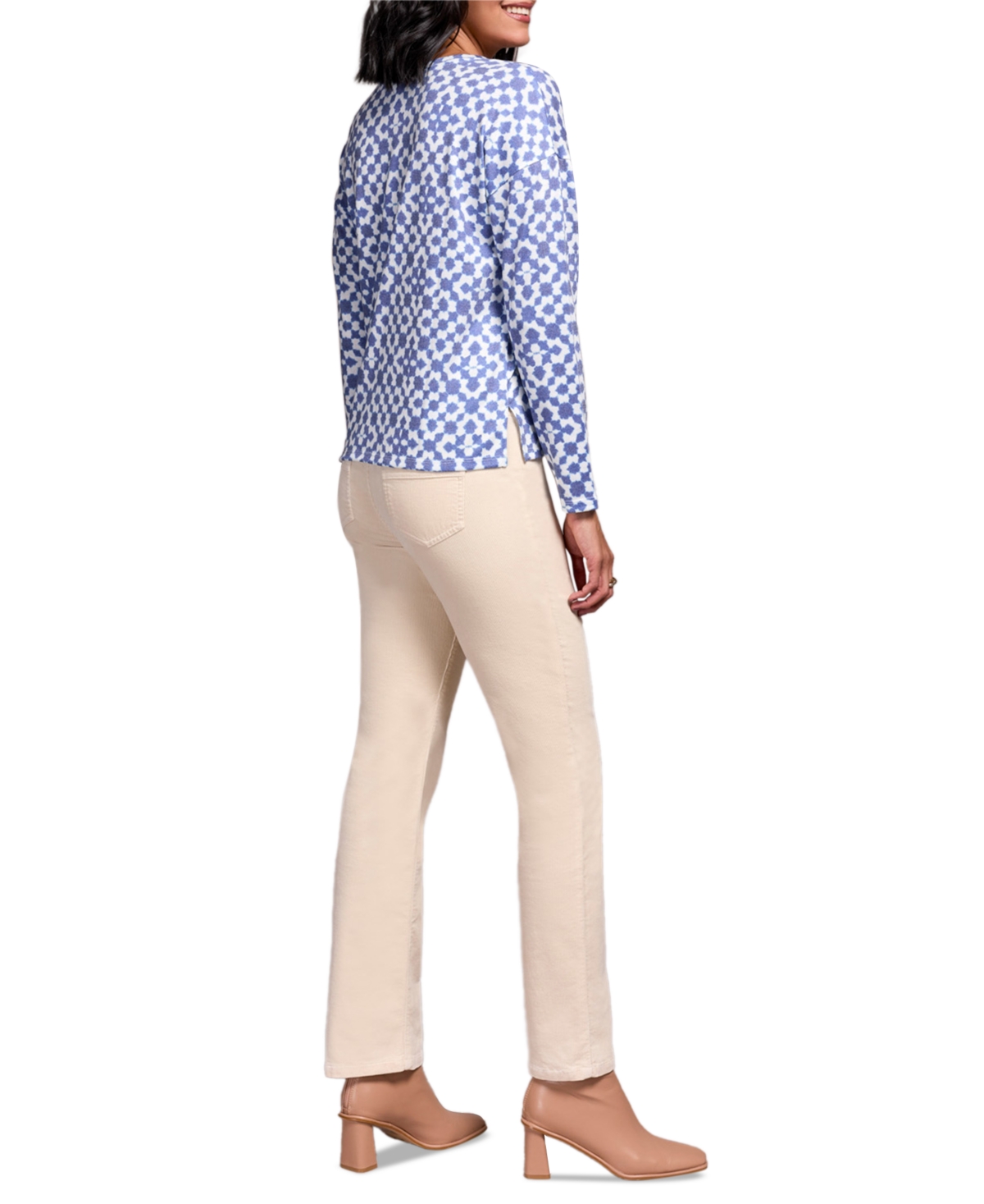Tribal Fuzzy Soft V-neck Combo Print Knit Top In Ultra Blue In Blue