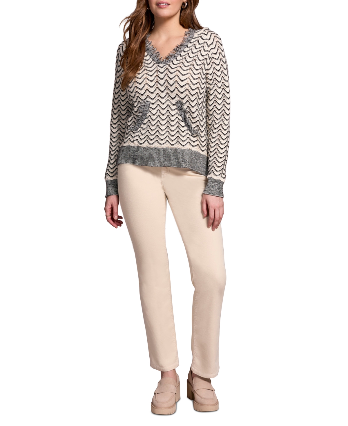 Tribal Women's Fringe Long Sleeve Hooded Sweater In Gray