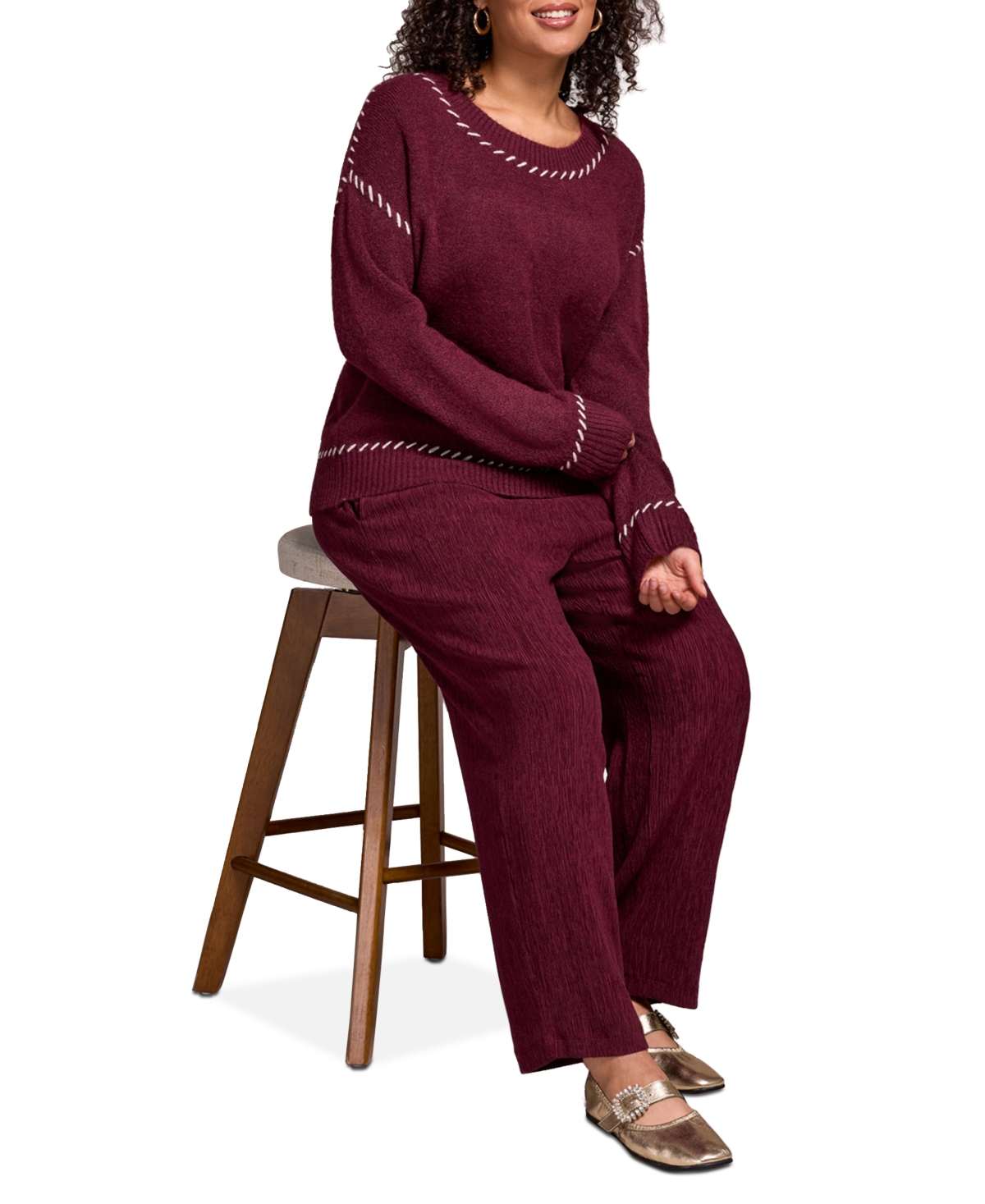 Tribal Women's Saddle Stitch Crew Neck Sweater In Burgundy
