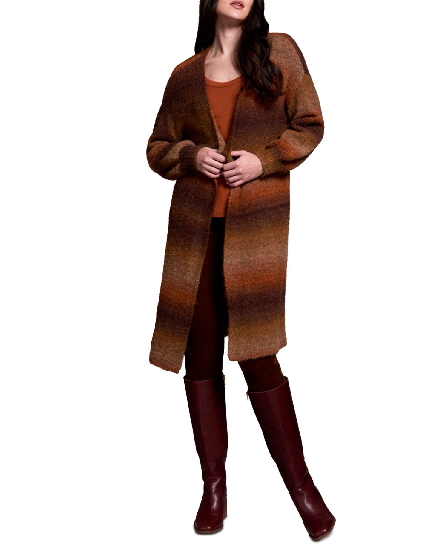 Women's Boucle Space Dye Puff Sleeve Long Cardigan