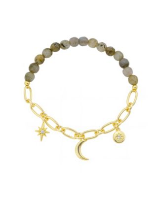 Unwritten - Cubic Zirconia Star, Moon And Cubic Zirconia Star Link Chain Labradorite Stone Stretch Bracelet