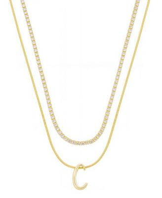 Unwritten - Letter "C" Initial Snake Chain Cubic Zirconia Chain Necklace With Extender 2Pcs Set
