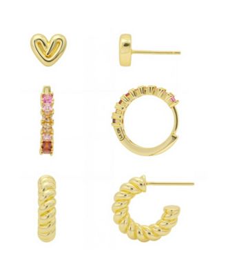 Unwritten - Heart Post Stud, Multi Pink Cubic Zirconia Endless Hoop, Twits Post Hoop 3Pairs Ear Set