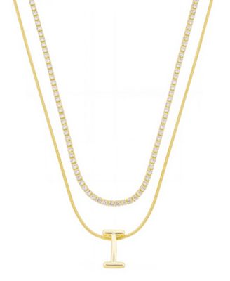 Unwritten - Letter "I" Initial Snake Chain Cubic Zirconia Chain Necklace With Extender 2Pcs Set
