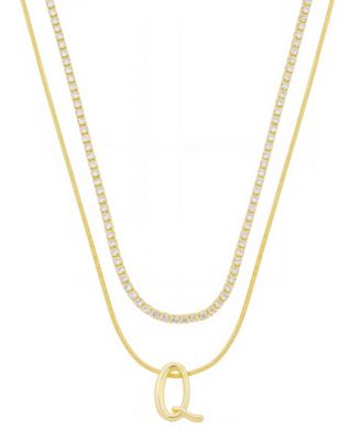 Unwritten - Letter "Q" Initial Snake Chain Cubic Zirconia Chain Necklace With Extender 2Pcs Set
