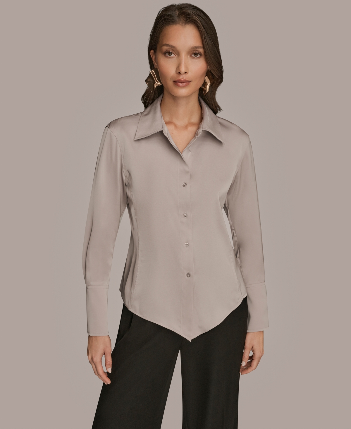 Donna Karan New York Petite Long-Sleeve Pointy Hem Blouse