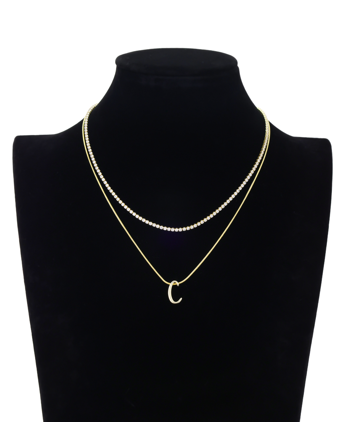 Unwritten Letter "C" Initial Snake Chain Cubic Zirconia Chain Necklace With Extender 2Pcs Set