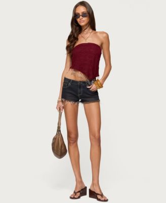 Women's Textured Asymmetric Bead Fringe Strapless Top