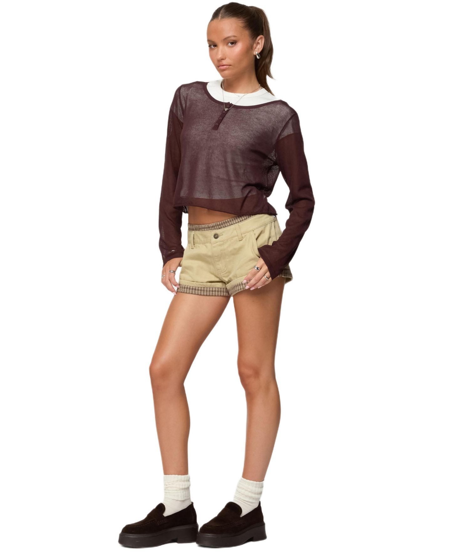 Женский топ Edikted Kilian Sheer Knit Henley, цвет: Коричневый — фото 2