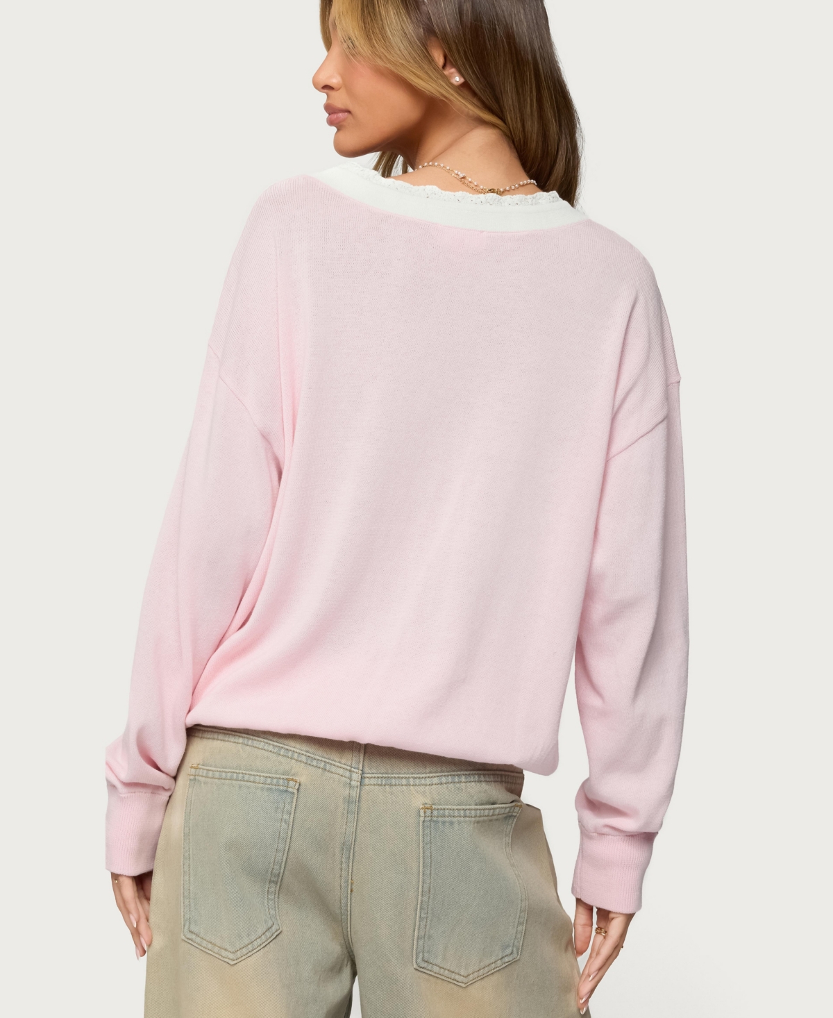 Edikted Women's Marie Contrast Lacey V Neck Sweater