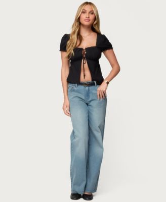 Women's Lacey Split Front Lace Up Top