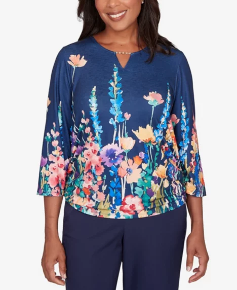 Petite Saratoga Springs Vertical Floral Border Knit Top - Navy Multi
