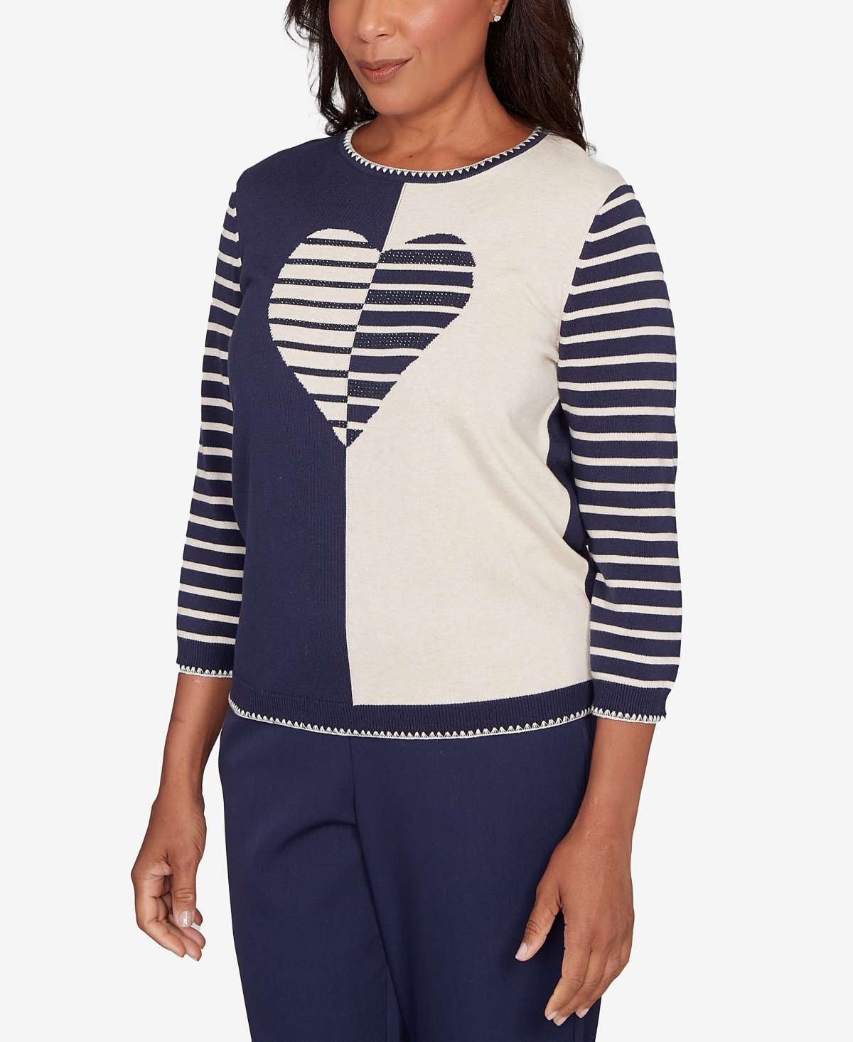 Alfred Dunner Petite Saratoga Springs Heart Motif Detail Striped Sweater In Blue