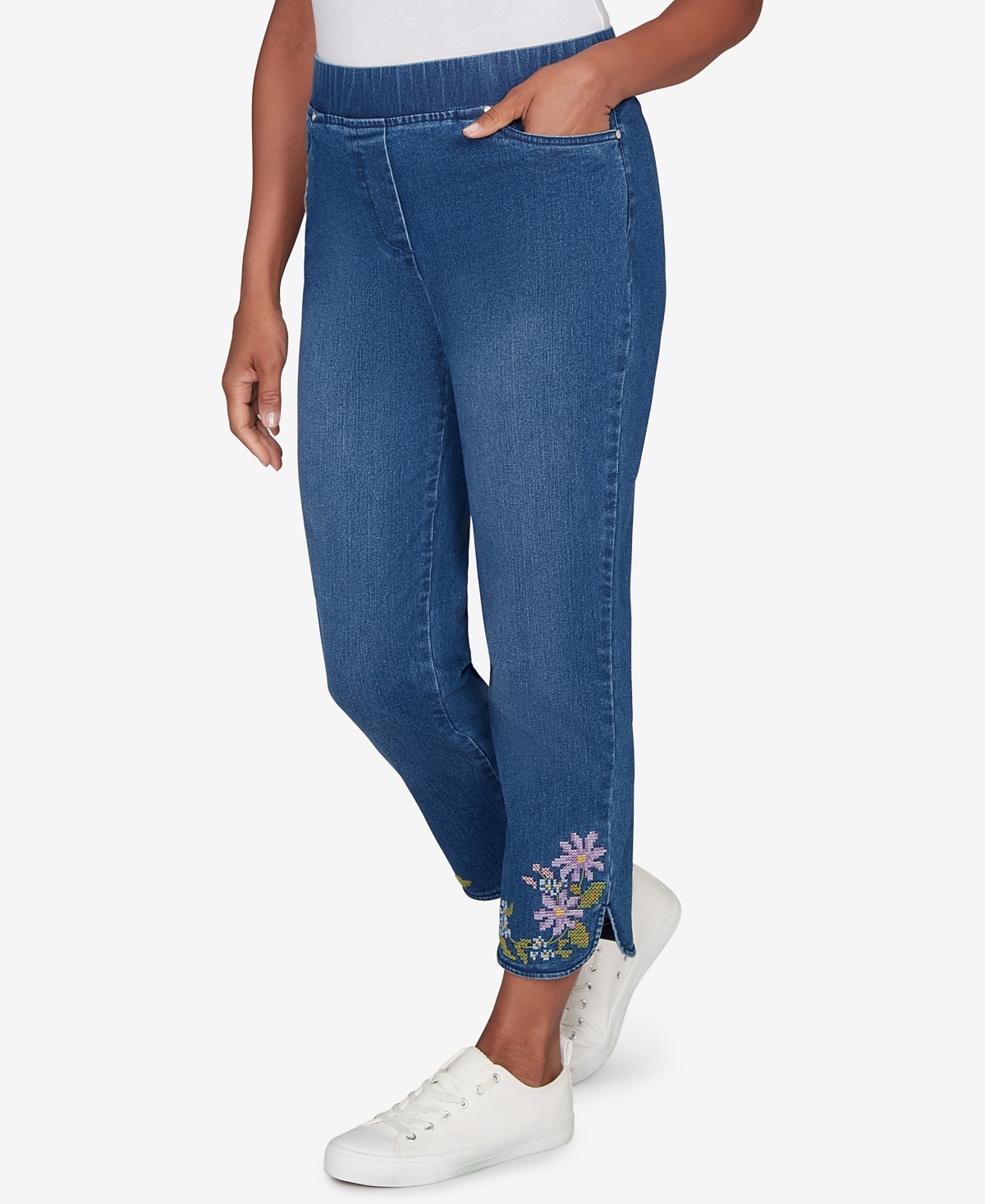 Alfred Dunner Petite Hilton Head Cross Stitch Flower Embroidery Ankle Pants
