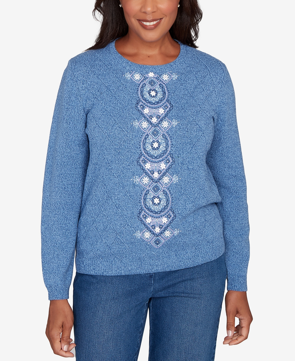 Alfred Dunner Petite Hilton Head Center Embroidery Accent Sweater
