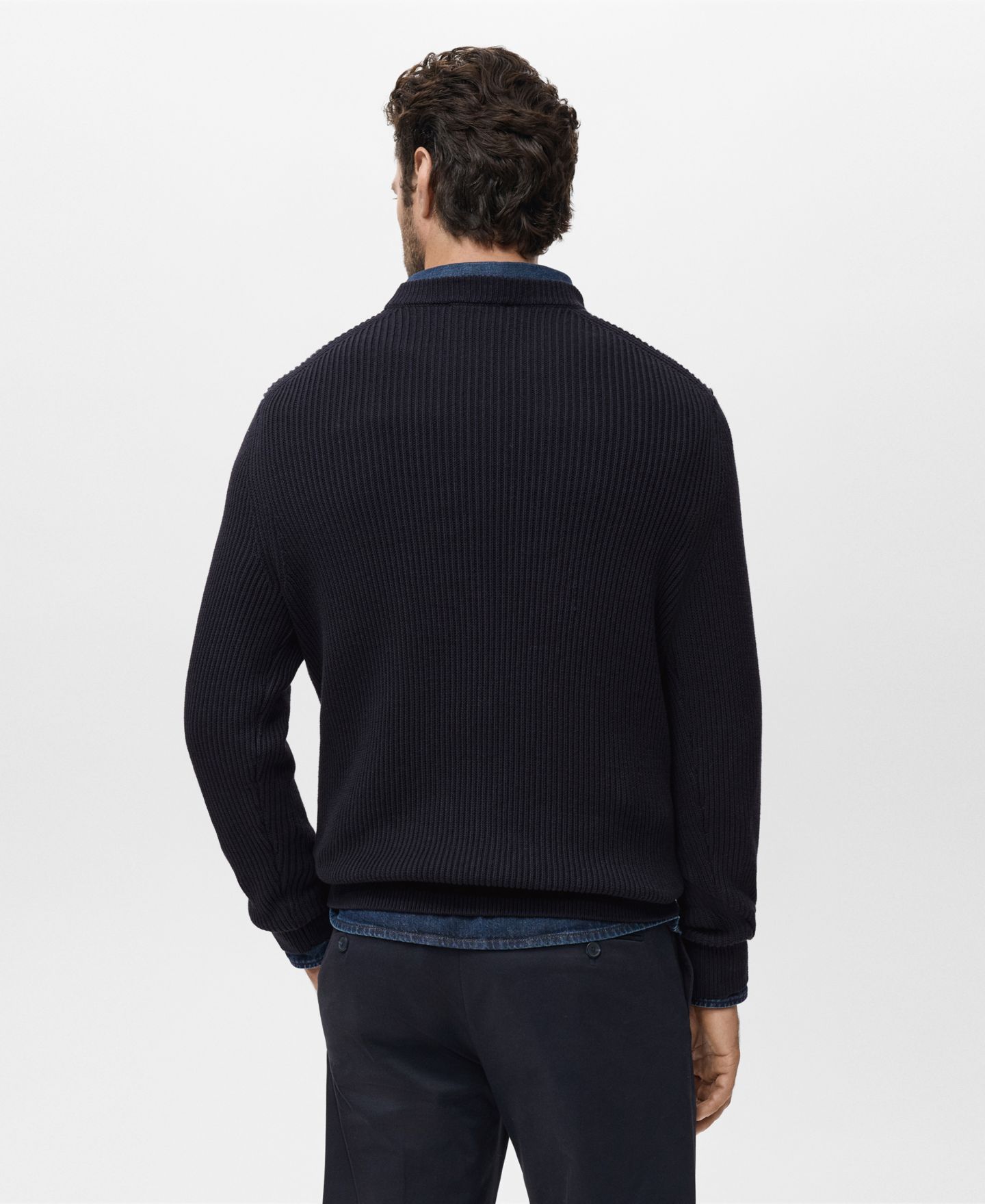 Мужской свитер MANGO Fine Rib-Knit Cotton, цвет: Тёмно-синий — фото 3